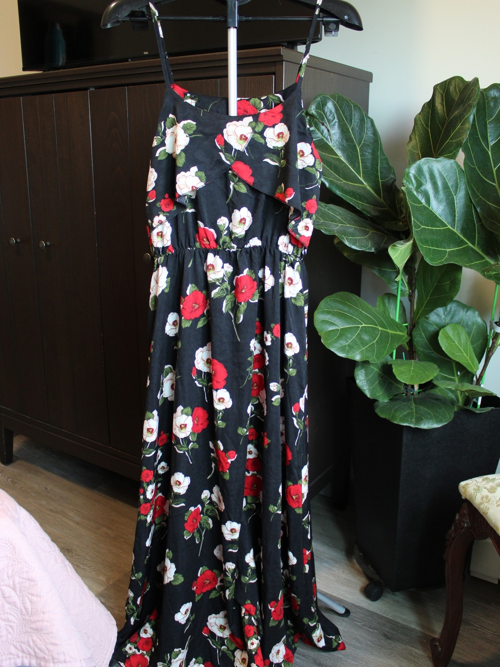 Black Floral Maxi Dress with Red & White Blooms